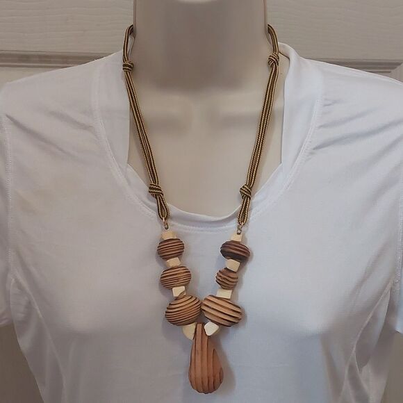 Jewelry - Chunky Wooden Beads Cord Statement Necklace Exotic Tribal Boho